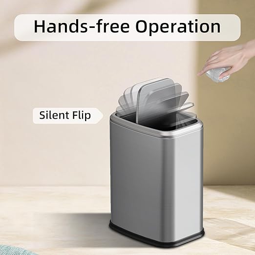 KHMMGK 8L/2.1 Gal Small Bathroom Trash Can with Lid, Swing-Top Rectangular Waste Bin, Stainless Steel Garbage Can for Home, Office, Toilet, Bedroom, Living Room (Silver)