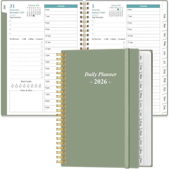 Daily Planner 2026 Full Page Per Day- 2026 Daily & Monthly Planner from January 2026 to December 2026, Day Planner 2026 with 12 Months Tabs, 6.4" x 8,5", Green