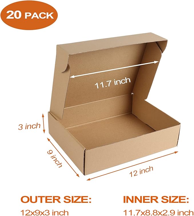 PHAREGE 12x9x3 inch Shipping Boxes Bulk 20 Pack Brown, Tab Lock Tuck Top Mailer Boxes for Packaging Small Business, Medium Cardboard Gift Boxes for Wrapping Mailing Present