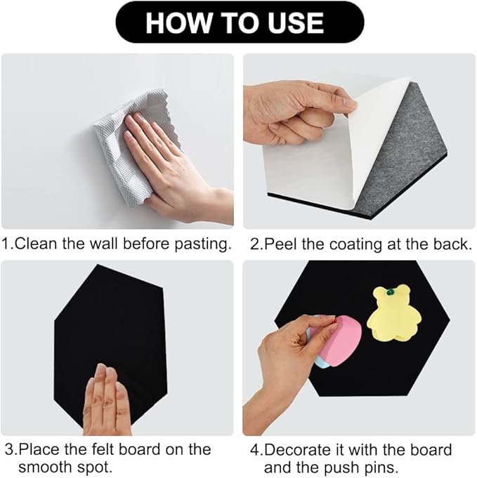 Vuzvuv 6 Pcs Hexagon Bulletin Board with 50 Pushpins & Sticky Note Adhesive Cork Board for Wall，Felt Pin Board for School，Office Decor（Black）