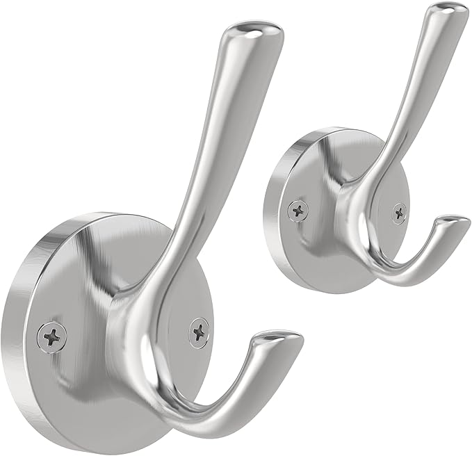 TOFIIGREM Brushed Nickel Wall Hooks Towel Hooks, 2 Pack Coat Robe Hook Heavy Duty Bathroom Double Hook Wall Mounted, Hand Towel Hooks for Closet Entryway Cubicle Kitchen