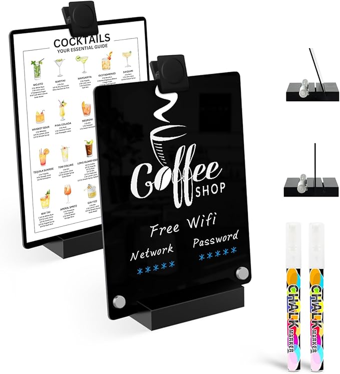 Kivsty 2 PCS Desktop Black Dry Erase Board with Stand - 8” x 6” Small Acrylic Black Board with Marker and Magnetic Clip, Reusable Desk Notepad, to-Do List, Menu Board Signs for Bar, Office, Home
