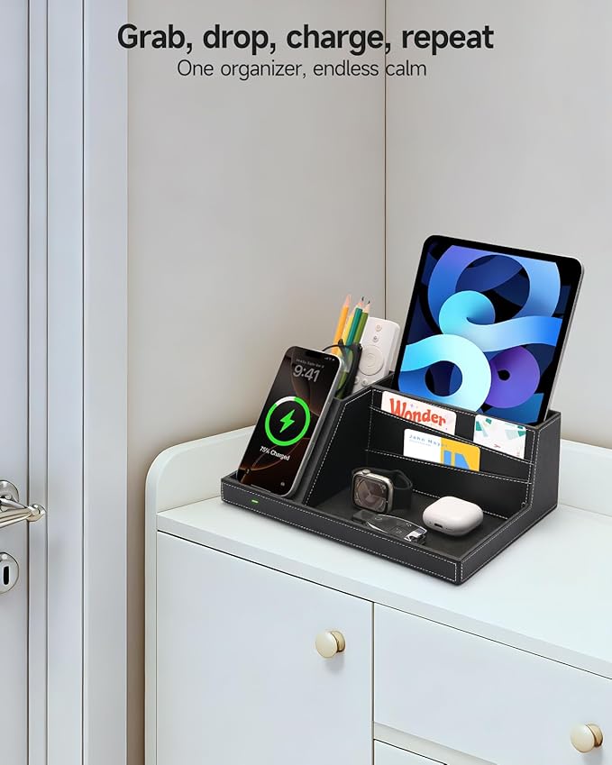 Valet Tray, Built in Wireless Charging Pad, Nightstand Organizer, Dresser Organizer, Mens Jewelry Box, Valet Charging Station, Faux Leather Valet Tray for Men and Women (Black+Wireless)