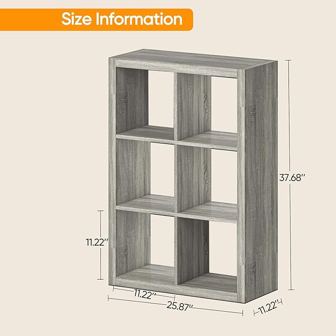 furtble Bookshelf with Storage Bin, 6-Cube Storage Organizer, Modern Wood Open Bookcase, Multifunctional Display Shelf for Living Room, Bedroom, Home Office, Gray Oak
