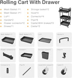 Sorgion 3 Tier Rolling Cart Organizer,Laundry Room Bathroom Organizers and Storage Office Shelves Mobile Shelving Unit Kitchen Trolley Cart with Wheels for Art,Craft,Diaper,Bedside,Snack(Black)