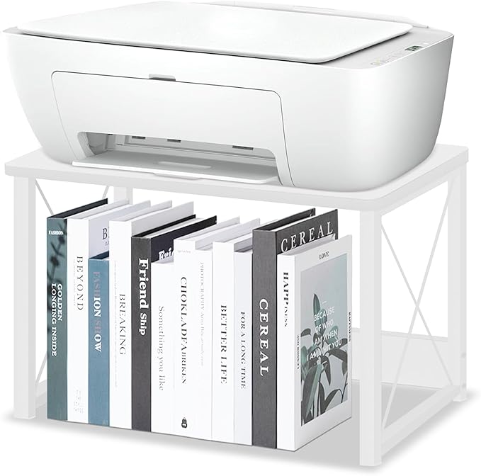 ELITEROO Desktop Printer Stand with Storage, Printer Stand Shelf Desk Organzier for Home/Office, Modern Wood Printer Riser Under Desk Small Table for Printer Fax Machine Copier Scanner (White)