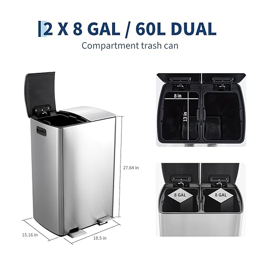 GarveeHome Commercial Dual Trash Can, 16 Gallon Stainless Steel Double Compartment Recycling Bin with Soft-Close Lids, Pedals & Plastic Inner Buckets, 60L Garbage Can for Kitchen, Home, Office, Silver