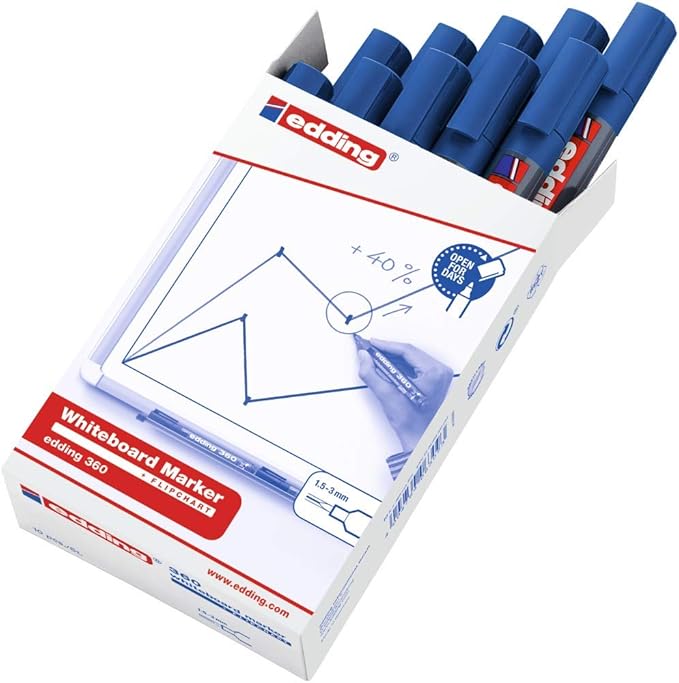 edding 360 whiteboardmarker - blauw - 10 whiteboardstiften - ronde punt 1,5 - 3 mm - boardmarker uitwisbaar - voor whiteboard, flipchart, magneetbord, prikbord, memobord - sketchnotes - navulbaar
