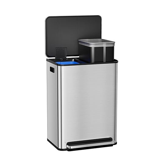 Garvee Stainless Steel Garbage Can, 2 x 8 gal Dual Compartment Trash Can with 2 Inner Buckets and Soft Close Lid, Foot Pedal Garbage Bin for Bathroom, Living Room, Kitchen, Silver