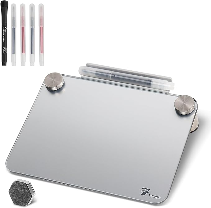 Silver Metallic Glossy Mirror Small Whiteboard with Nail Support, Mini Desktop Glass Whiteboard, Desk White Board Dry Erase with Accessories, Stenography Artifact for Office Homeschooling Décor, 8x6''