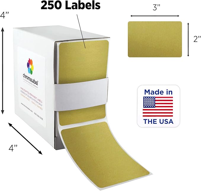 ChromaLabel 2 x 3 inch Permanent Color Code Rectangle Labels, 250 Labels per Dispenser Box, Metallic Gold