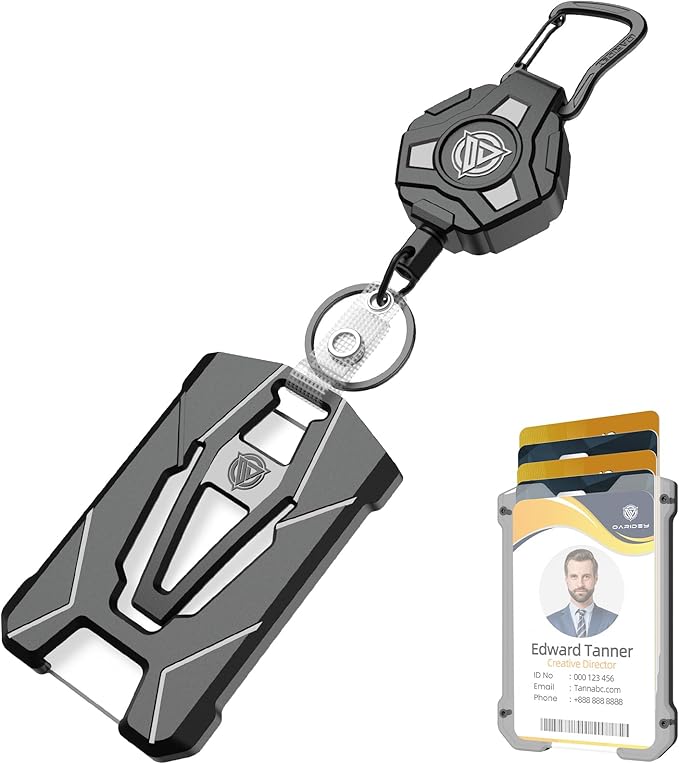Oaridey Retractable Badge Holders, Heavy Duty Retractable Keychain with Tactical ID Card Holder (Holds 6 Cards) - 31.5” Badge Reel Key Chain