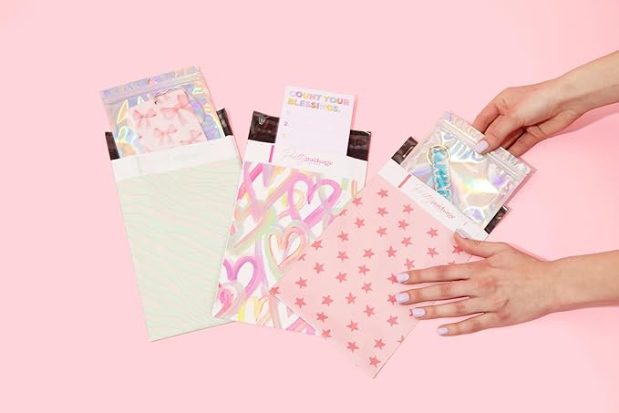 Pretty Package Store 6x9 Designer Poly Mailer 100 Pack Heavy Duty Waterproof Self Seal Shipping Bags for Small Business Large Mailing Envelopes Bulk Tear Resistant Cute Packaging Happy Hearts
