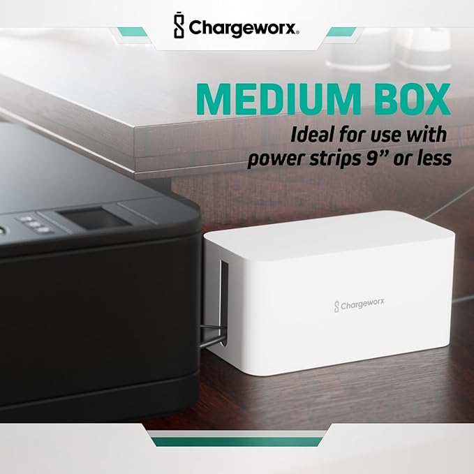 ChargeWorx Cable-Management Box Set, 2 Pack Cord Organizer to Hide Power Strips and Surge Protectors, Desk and Floor Wire Concealer for Home Office, TV Area, White