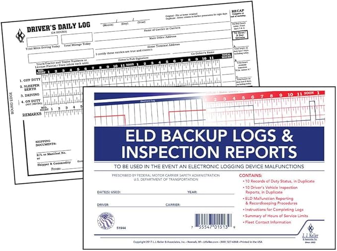 ELD Backup Driver Log Book 10-pk. with Detailed Driver Vehicle Inspection Report & Daily Recap - Book Format with 10 Sets, 2-Ply Carbonless, 8.5" x 5.5", J. J. Keller & Associates, Inc.