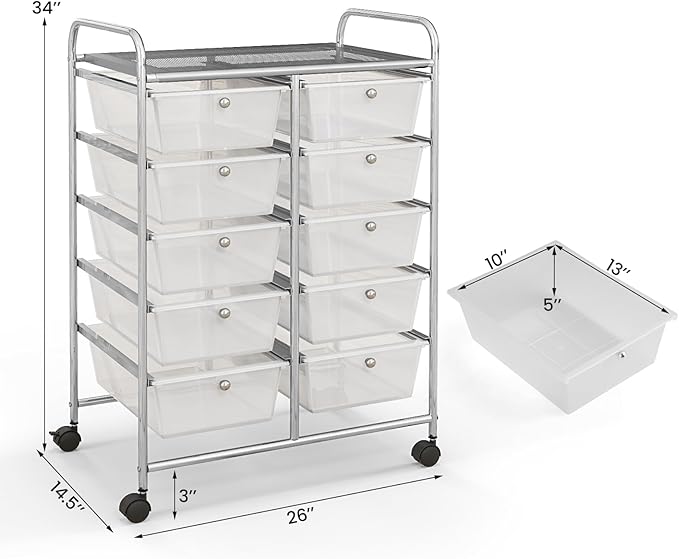 GLACER 10 Drawer Rolling Cart, Storage Cart with Lockable Whieels & Metal Frame, Trolley for Art Craft Oganizer, Mobile Utility Cart for Office, School, Classroom, Kitchen (Clear White)