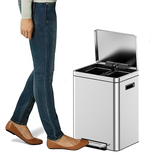 8 Gallon (2 x 15 L) Dual Trash Can, Stainless Steel Garbage Can with Soft-Close Lid for Kitchen, Hands-Free Recycle Bin with 2 Compartment Removable Inner Bucket for Home, Office