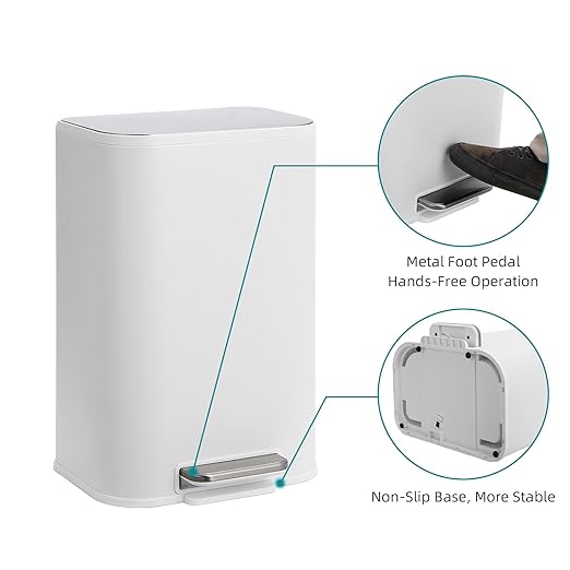 DYTesa 3 Gallon Rectangular Kitchen Trash Can - White Stainless Steel with Foot Pedal, Soft-Close Lid & Removable Inner Bucket, Suitable for Home/Office/Living Room