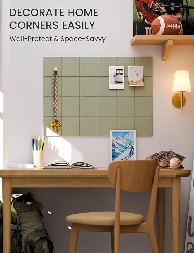 Fluxynara Felt Bulletin Board Tiles -28"x18" Cork Board Alternative for Office Decor, Push Pin Board Wall Organizer 6-Pack - Sage