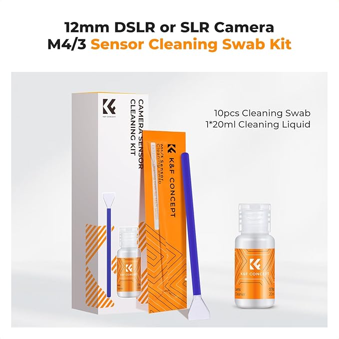 K&F CONCEPT 12mm Micro Four-Thirds 4/3 Sensor Cleaning Swab*10 + 20ml Sensor Cleaner, M43 Camera Cleaning Kit for All Models of M4/3 Camera Sensors, Including M4/3 Cameras from Olympus and Panasonic