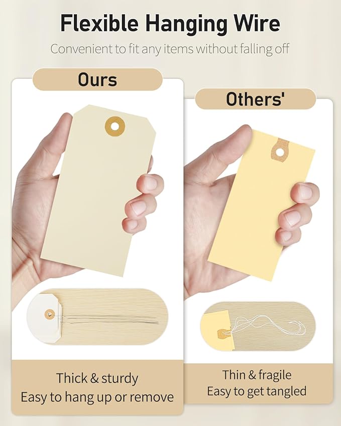 Uniclife 200 Pcs Manila Tags Blank Shipping Tags with Wire Attached 4.7 Inch Paper Hang Tag with Reinforced Eyelet Large Marking Writable Price Inventory Label Tag, 4.7" x 2 3/8"