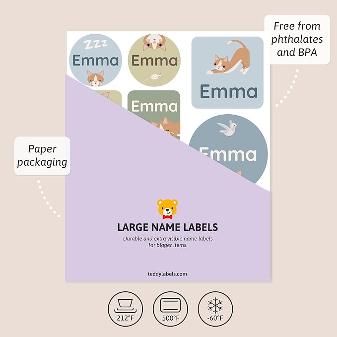 Large Name Labels for Kids (33) - Custom Stickers for Daycare and School Supplies - Durable, Waterproof Stickers for Water Bottles, Lunch Boxes, and More with Unique Designs - Cat