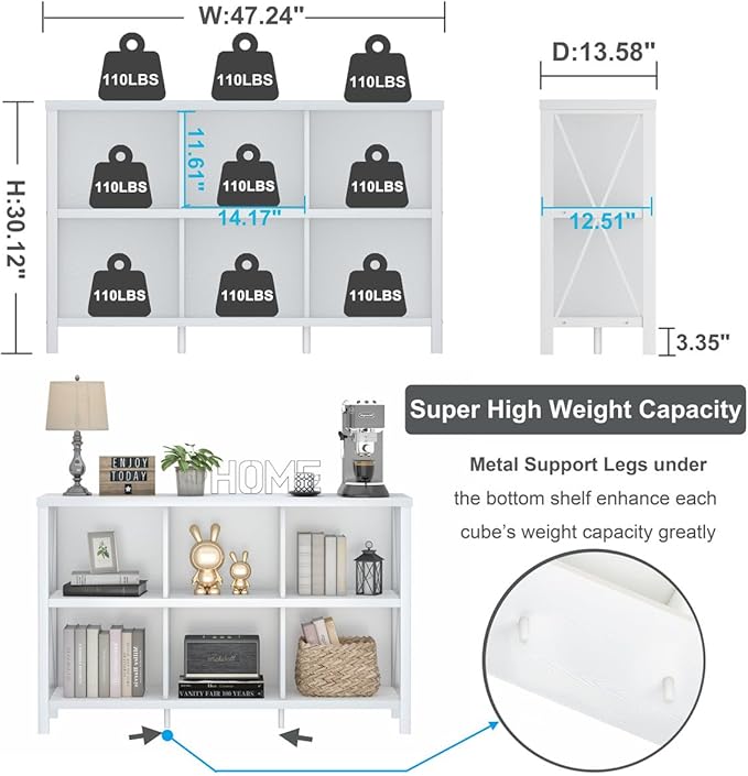 FATORRI 6 Cube Storage Organizer with Shelf, 47 Inch Long Horizontal Bookshelf, Wood and Metal Cube Bookcase, Low Book Shelf for Living Room, Home Office (White Oak)