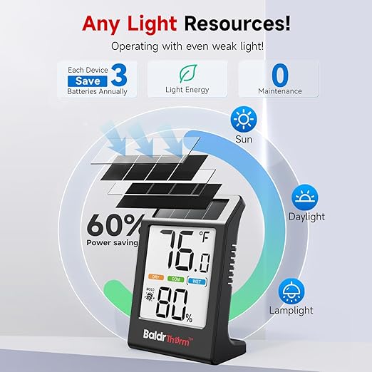 BaldrTherm Room Thermometer Indoor Humidity Meter, Solar-Powered 3.2'' Digital Temperature Sensor Monitor with 5-Comfort Indicator for Baby, Home, Office, Black, 3Pack