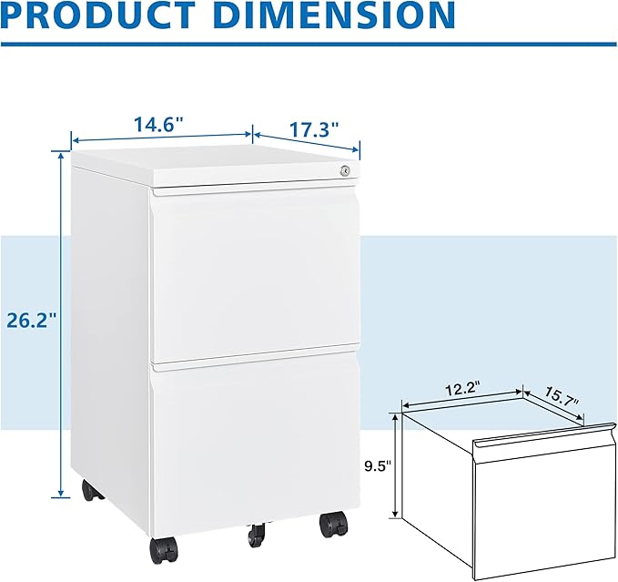BYNSOE 2 Drawers File Cabinet with Lock Metal Vertical File Cabient with Wheels Mobile File Cabinet for Office Home Legal/Letter/a4 Size Require Assembly (White, 2 Drawers)