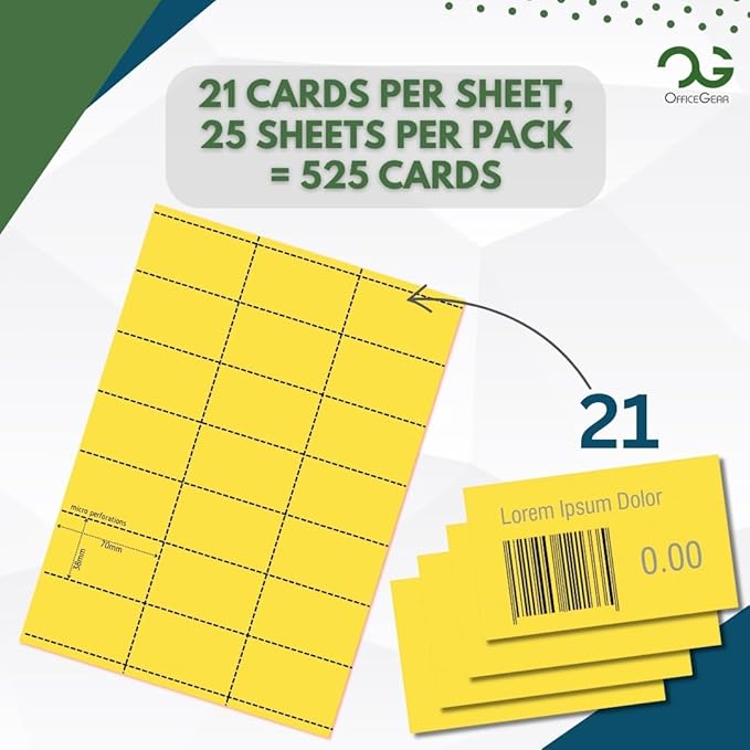 OfficeGear Yellow Shelf Edge Labels 21-up [525 Pack] 38x70mm Printable A4 Card Perforated Labels/Sheet for Retail Barcodes, Price Stickers, Point of Sale, Product Info, Shelf Promotions Incl Template