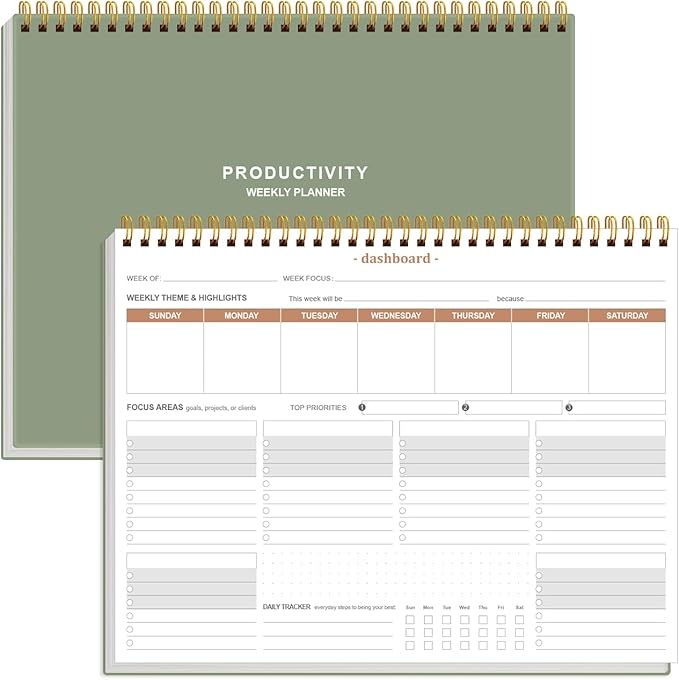 Weekly Productivity Planner - 8.5" x 11" Dashboard Desk Notepad Has 6 Focus Areas to List Tasks for Goals, Projects, Clients, Academic or Meal-Organize Your Daily Work Efficiently, 54 Weeks, Green