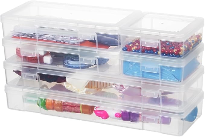novelinks Stackable Plastic Clear Storage Box Containers with Latching Lid - Art Craft Supply Organizer Storage Containers for Pencil Box, Crayon, Beads (2 Small + 2 Medium + 2 Large -Clear)