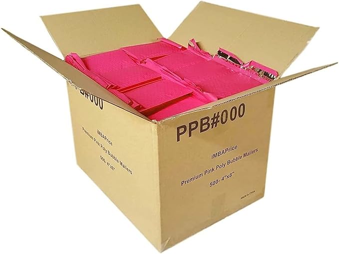 iMBAPrice 4x8 Inch Pink Poly Bubble Mailers #000, 500-Pack – Waterproof Self-Seal Padded Shipping Envelopes for Small Business, Jewelry, Cosmetics, Cards & Accessories