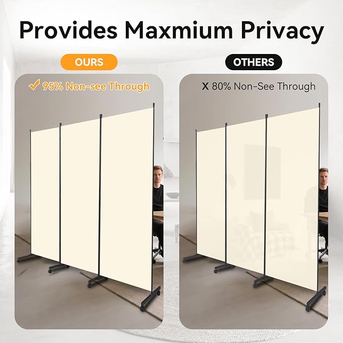 Room Divider (3 Panel) Wall Divider for Room Separation, 102 inch Wide Portable Privacy Screens W/Wheels, Metal Frame Freestanding Room Separators 5.6FT Room Partitions and Dividers