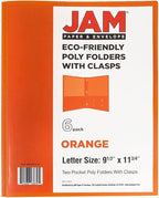 JAM PAPER Plastic Color POP Folders - 2 Pocket Durable Folders with Metal Prongs Fastener Clasps - Orange - 6/Pack