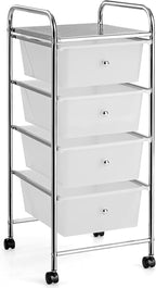 Giantex Rolling Cart with Drawers, Craft Organizer with Wheels, 4 Drawer Storage Container Bins for Home School Office Scrapbook Paper Tools, Clear White