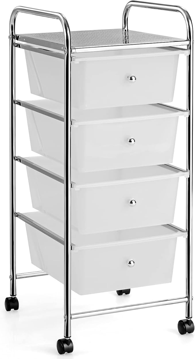 Giantex Rolling Cart with Drawers, Craft Organizer with Wheels, 4 Drawer Storage Container Bins for Home School Office Scrapbook Paper Tools, Clear White