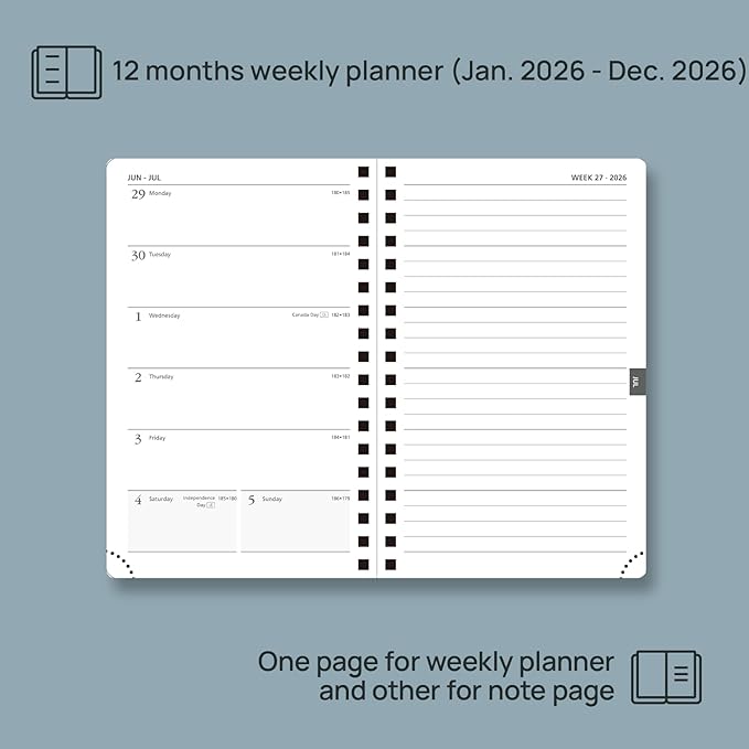 POPRUN 2026 Planner Weekly Notebook (Jan-Dec), Small Size 4''x 6.25'' - 2026 Pocket Calendar for Purse with Spiral Soft Cover, Plastic Ruler, Inner Pocket, 100 GSM - Lilac