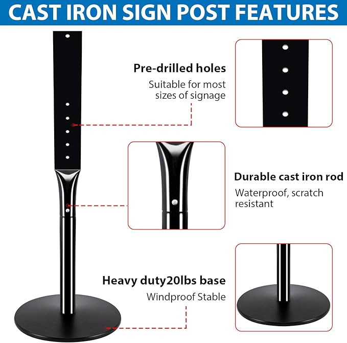 VAIIGO 2Pack Heavy Duty Parking Sign Post for Outside, 20lbs Cast Iron Base Sign Post for Outdoor Sign Holder, Yard Sign Stand, Street Sign Post, 49" Height, Black