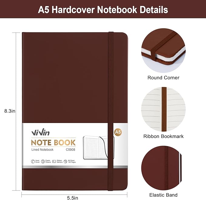 ViVin Lined Journal Notebooks for Work,192 Pages,Medium 5.5 x 8.3 inch,College Ruled,A5 Hardcover Journaling Notebooks for Writing,8 Pack Bulk,Dark Colored Series