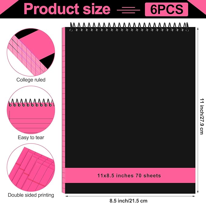 Resurhang 6 Pcs Legal Pad Top Spiral Bound Notebook 70 Sheets Double Sided College Ruled Paper Notepad Memo Steno Pad with Stiff Cover for Business College(8.5 x 11 Inches,No Holes,Bright Colors)