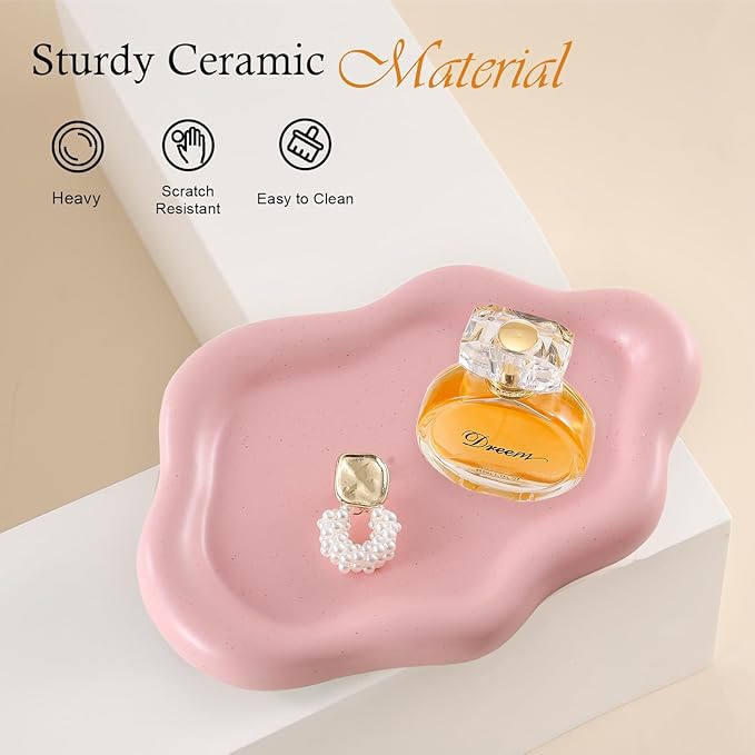 CCINPPY Ceramic Jewelry Tray Trinket Dish, Decorative Cloud Vanity Key Tray for Women, Ring Holder Dish, Cute Jewelry Plate Bowl Room Decor Aesthetic, Pink, Medium