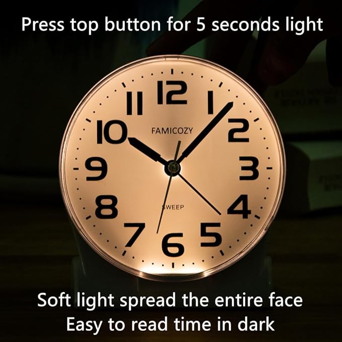 FAMICOZY 4.5" No Ticking Analog Alarm Clock,Silent Readable for Seniors,Easy to Set,Gradual Rise Alarm,Big Numbers,On/Off Switch on Side,Gentle Wake,Snooze Soft Backlight,Battery Operated,White
