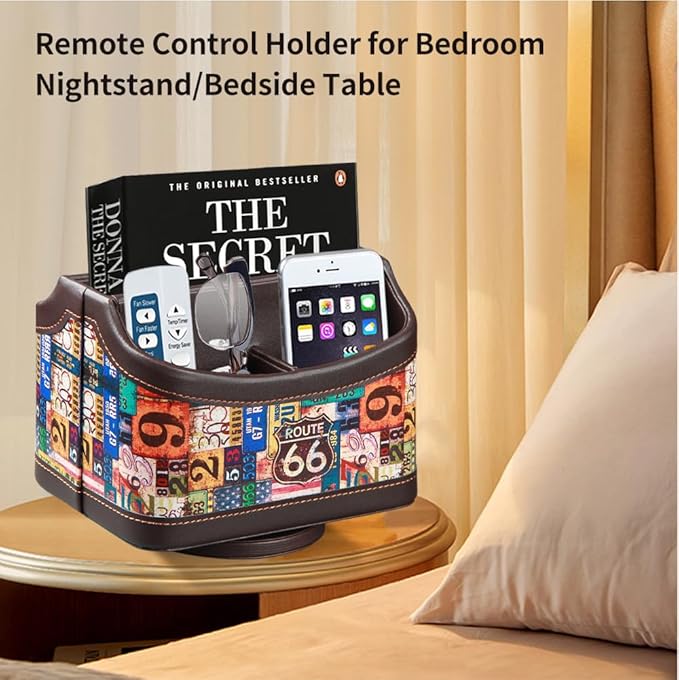 PUSU Remote Control Holder, Colorful Pattern Nightstand TV Caddy, PU Leather 360 Degrees Rotatable Desktop Organizer Storage Box for TV Remotes/Media Controllers/Office Supplies