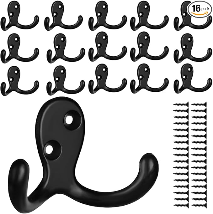 IBosins 16 Pack Heavy Duty Double Prong Coat Hooks Wall Mounted with 32 Screws Retro Double Hooks Utility Hooks for Coat, Scarf, Bag, Towel, Key, Cap, Cup, Hat(Black)