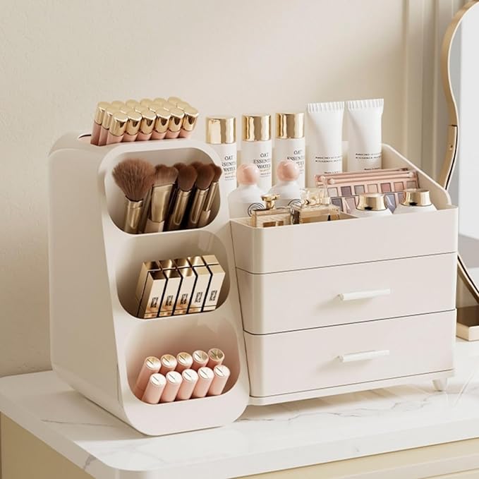 KQJS Makeup Organizer with Drawers,Large Capacity Countertop Organizer for Vanity,Bathroom and Bedroom Desk Cosmetics Organizer,Easy To Storage Skincare,Brushes,Lotions,Lipstick (All Cream)