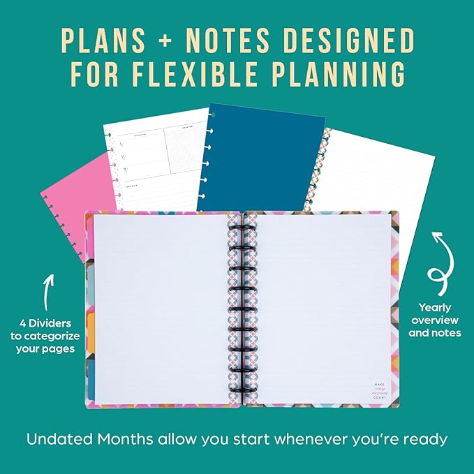 Happy Planner Undated Plans + Notes Monthly Planner Notebook Journal, 4-Month Planner, Homespun Theme, Classic Size, 95 Pages, 4 Dividers, 12 Planner Sticker Sheets, 7" x 9 3/4"