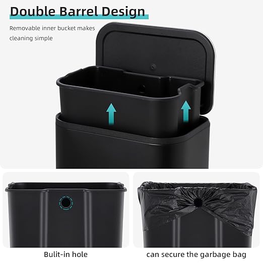 DYTesa 3 Gallon Rectangular Kitchen Trash Can - Black Stainless Steel with Foot Pedal, Soft-Close Lid & Removable Inner Bucket, Suitable for Home/Office/Living Room