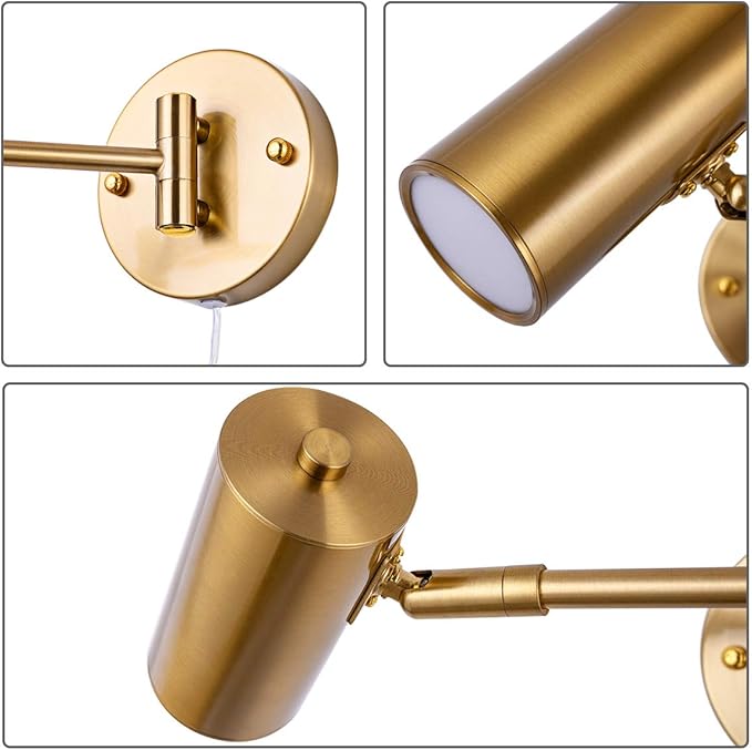 Ahaloye Gold Plug in Wall Sconces Set of 2, Modern Swing Arms Wall Lamp with Plug-in Cord Adjustable Wall Light for Bedroom Living Room (Light Source Included)