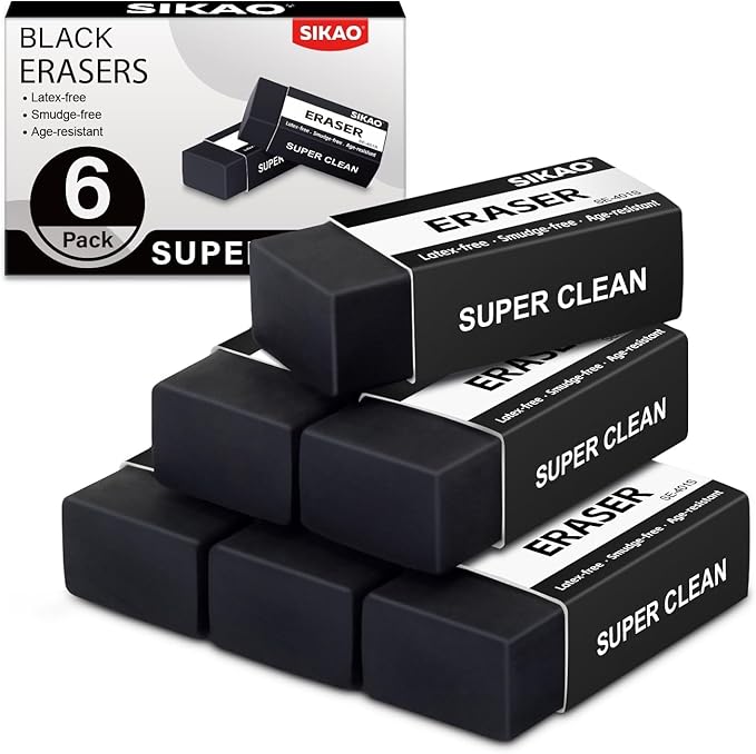 Black Erasers, 6 Pack Block Pencil Erasers – Smudge-Free Latex-Free Art Erasers for Kids & Adults Artists, Clean Erase for School, Homework, Office & Drawing